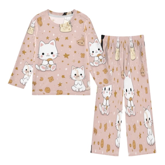 DIXRUYEE Fleece Pajama Set Loose Style Elastic Waist Pockets Pink Kitty Critter Cute Pattern