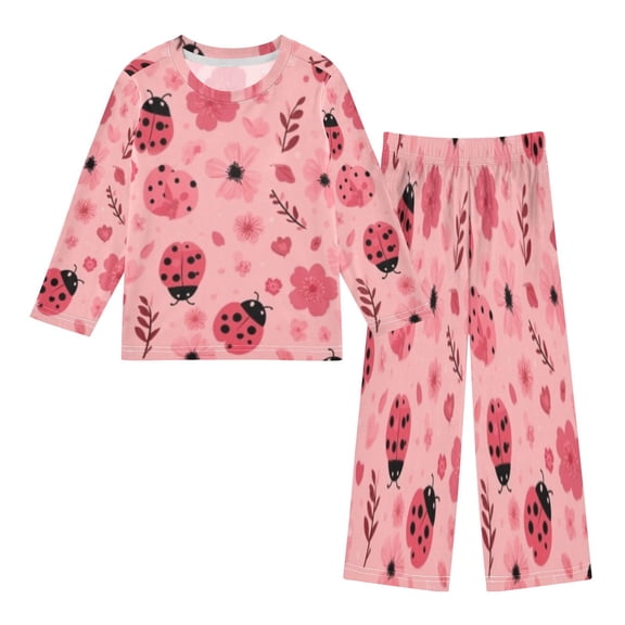 DIXRUYEE Fleece Pajama Set Loose Style Elastic Waist Pockets Pink Ladybug Floral Cute Pattern