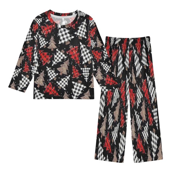 DIXRUYEE Fleece Pajama Set Loose Style Elastic Waist Pockets Plaid Tree Christmas Collage Cute Pattern