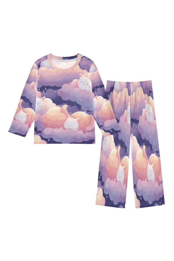 DIXRUYEE Fleece Pajama Set Loose Style Elastic Waist Pockets Purple Cloud Cat Cuddle Cute Pattern