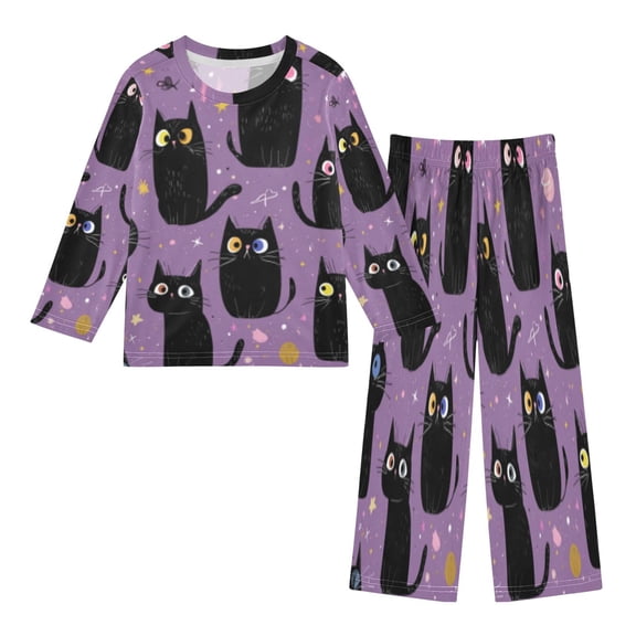 DIXRUYEE Fleece Pajama Set Loose Style Elastic Waist Pockets Purple Feline Stare Down Cute Pattern