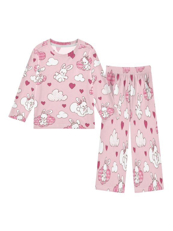 DIXRUYEE Fleece Pajama Set Loose Style Elastic Waist Pockets Rabbit Love Cloud Burst Cute Pattern