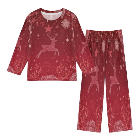 DIXRUYEE Fleece Pajama Set Loose Style Elastic Waist Pockets Red Reindeer Starry Festive Cute Pattern