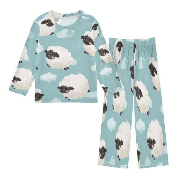 DIXRUYEE Fleece Pajama Set Loose Style Elastic Waist Pockets Sky Blue Sheepscape Cute Pattern