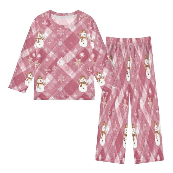 DIXRUYEE Fleece Pajama Set Loose Style Elastic Waist Pockets Snowmen on Red Plaid Cute Pattern