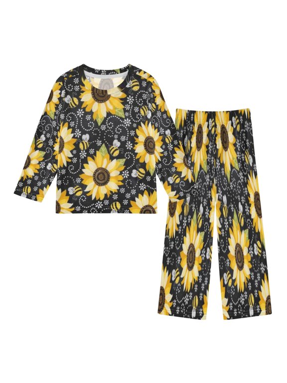 DIXRUYEE Fleece Pajama Set Loose Style Elastic Waist Pockets Sunflower Bee Noir Cute Pattern