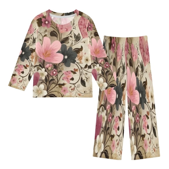 DIXRUYEE Fleece Pajama Set Loose Style Elastic Waist Pockets Vintage Floral Heart Whimsy Cute Pattern