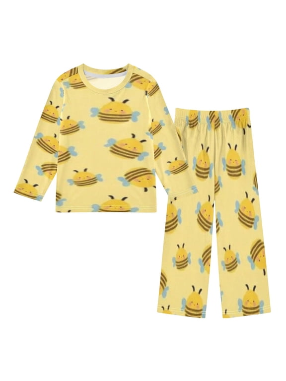 DIXRUYEE Fleece Pajama Set Loose Style Elastic Waist Pockets Yellow Bee Cute Pattern