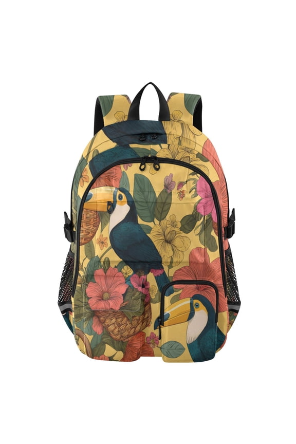 Flower Basket Toucan Pattern Backpack for School 14Laptop Compatible with Reflective Safety Strips