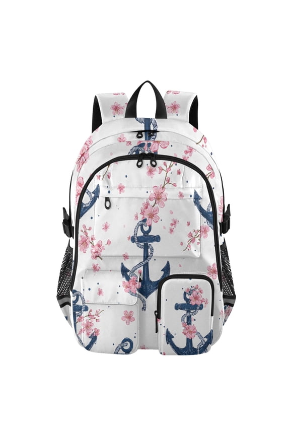 Flower Boat Anchor Pattern Backpack for School 14Laptop Compatible with Reflective Safety Strips