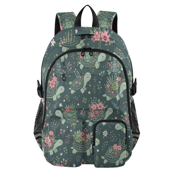 DIXRUYEE Flower Turtle Pattern Backpack for School 14Laptop Compatible with Reflective Safety Strips