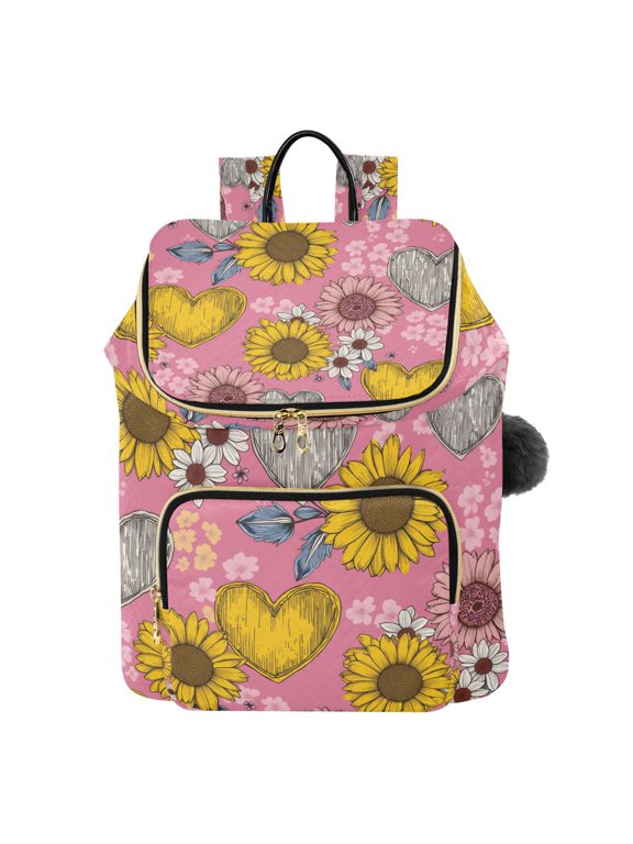 Flowers Vinta Pattern Printed Quilted 14 Inch Laptop Backpack Multi-Pocket Lightweight Daypack with Pom Pom Charm