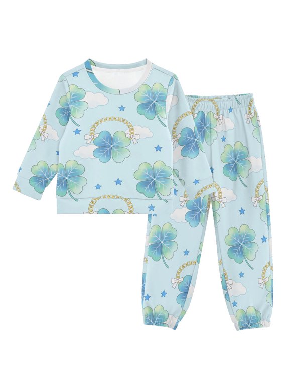 DIXRUYEE Four Leaf Clover Cloud Print 2-Piece Sweatshirt Jogger Set Long Sleeve Crew Neck French Terry Loungewear Outfit