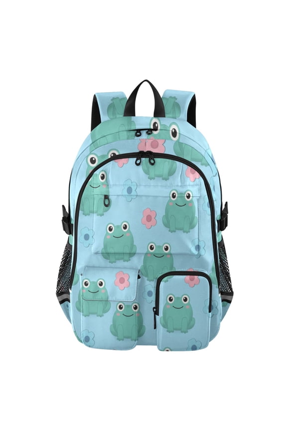 Frog Cute Cartoon Backpack for School 14Laptop Compatible with Reflective Safety Strips