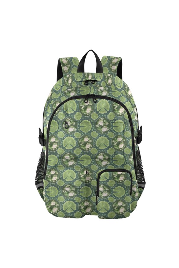 Frog Pattern Pattern Backpack for School 14Laptop Compatible with Reflective Safety Strips