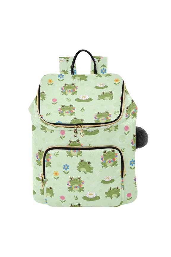 Frogs Printed Quilted 14 Inch Laptop Backpack Multi-Pocket Lightweight Daypack with Pom Pom Charm