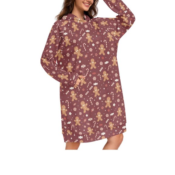 DIXRUYEE Gingerbread Man Candy Pattern Print Womens Long Oversized Hoodie Dress Casual Pullover Hooded Sweatshirt Dress with Kangaroo Pocket Loose Streetwear Loungewear