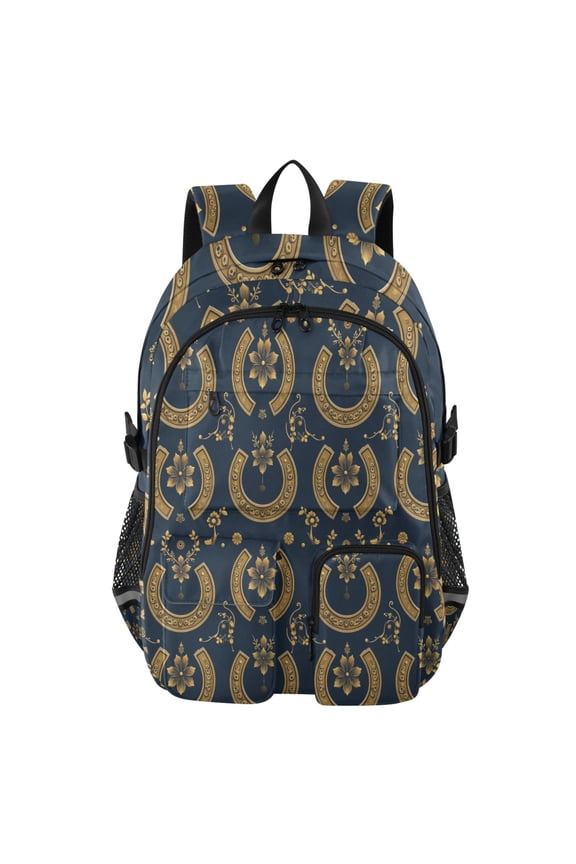Gold Horseshoe Pattern Backpack for School 14Laptop Compatible with Reflective Safety Strips
