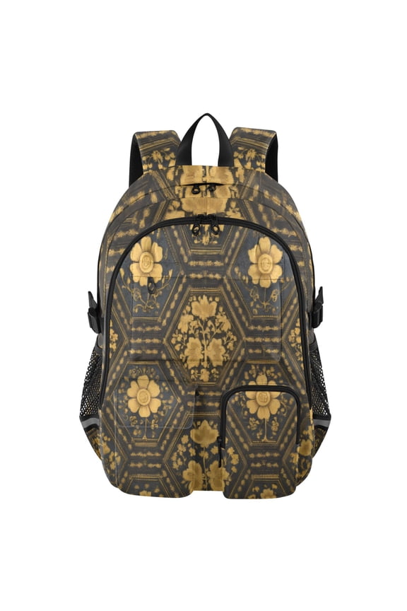 Golden Hex Tapestry Backpack for School 14Laptop Compatible with Reflective Safety Strips