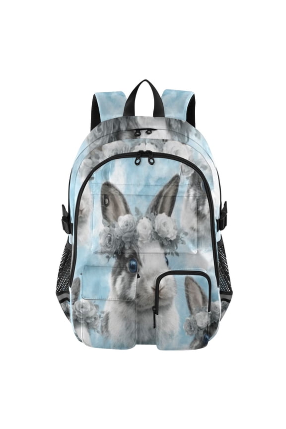 Gray Floral Crown Bunny Backpack for School 14”Laptop Compatible with Reflective Safety Strips