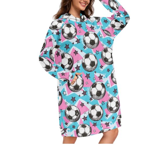 DIXRUYEE Hand Drawn Baseball Print Womens Long Oversized Hoodie Dress Casual Pullover Hooded Sweatshirt Dress with Kangaroo Pocket Loose Streetwear Loungewear