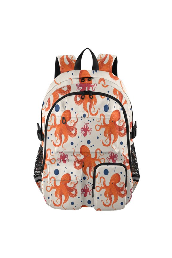 Hand Drawn Octopuses Their Pattern Backpack for School 14”Laptop Compatible with Reflective Safety Strips