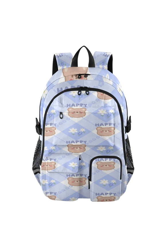 Happy Bear Gingham Backpack for School 14Laptop Compatible with Reflective Safety Strips