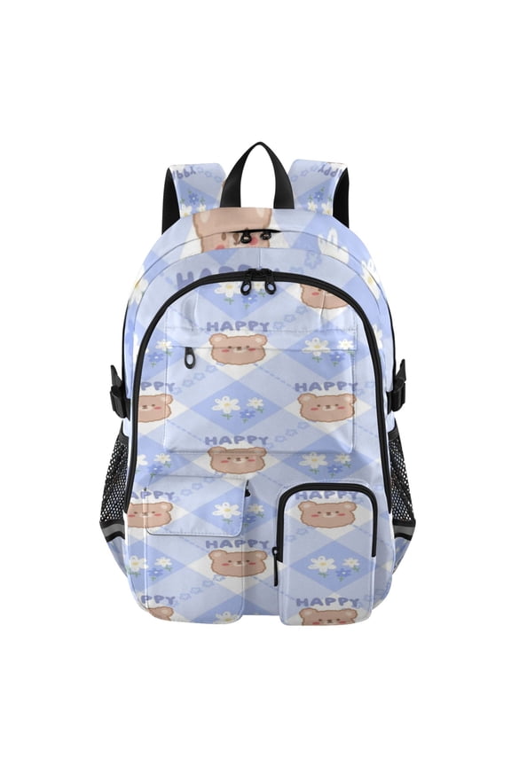Happy Bear Plaid Backpack for School 14Laptop Compatible with Reflective Safety Strips
