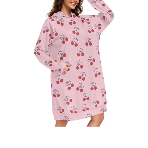 DIXRUYEE Heart Shaped Cherry Pattern Print Womens Long Oversized Hoodie Dress Casual Pullover Hooded Sweatshirt Dress with Kangaroo Pocket Loose Streetwear Loungewear