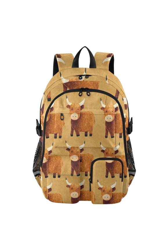 Highland Cattle Yellow Background Backpack for School 14Laptop Compatible with Reflective Safety Strips