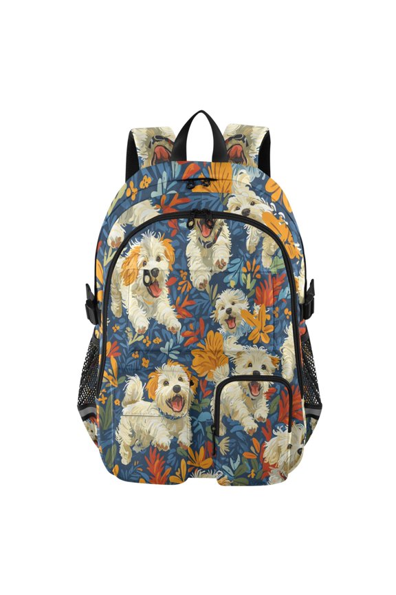 Jumping Terrier Foliage Pattern Backpack for School 14”Laptop Compatible with Reflective Safety Strips