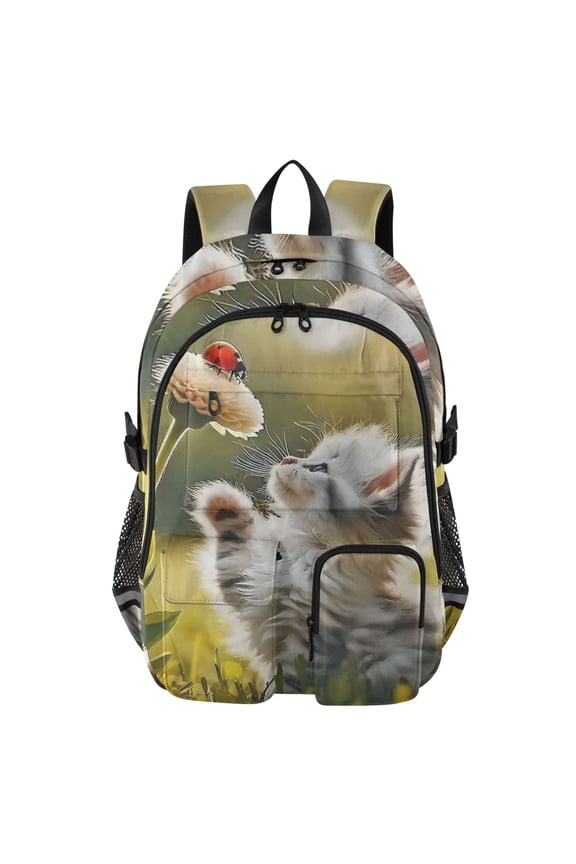 Kitten and Ladybug Backpack for School 14Laptop Compatible with Reflective Safety Strips