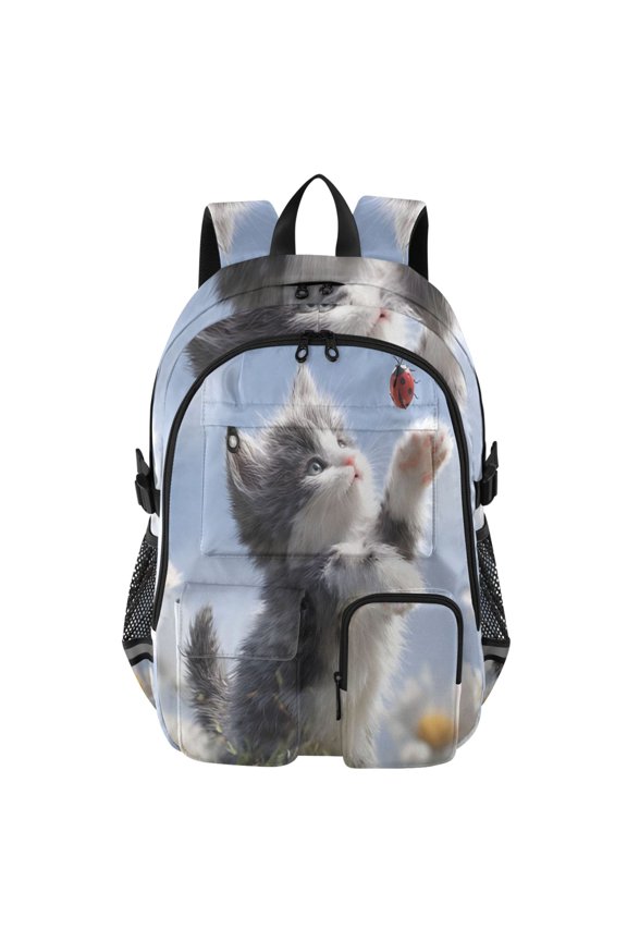 Kitten with Ladybug Backpack for School 14Laptop Compatible with Reflective Safety Strips