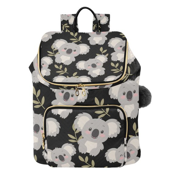 DIXRUYEE Koala Leaves Pattern Printed Quilted 14 Inch Laptop Backpack Multi-Pocket Lightweight Daypack with Pom Pom Charm