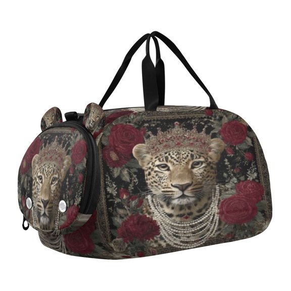 DIXRUYEE Leopard Pearl Crimson Roses Scale Duffel Bag With Ventilated Shoe Pocket & Adjustable Strap for Gym, Dance & Travel