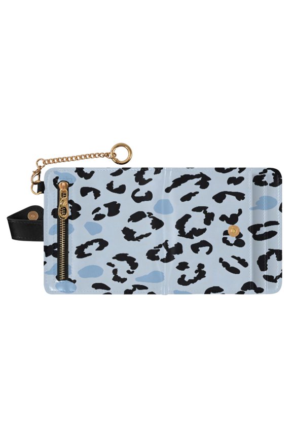 Leopard Print Blue Pattern Print RFID Blocking Womens PU Leather Wallet Small Foldable Card Holder Purse with Coin Zipper Pocket & Detachable Chain Wristlet