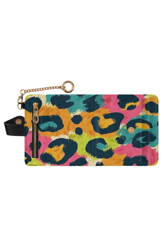 Leopard Print Pattern Print RFID Blocking Womens PU Leather Wallet Small Foldable Card Holder Purse with Coin Zipper Pocket & Detachable Chain Wristlet