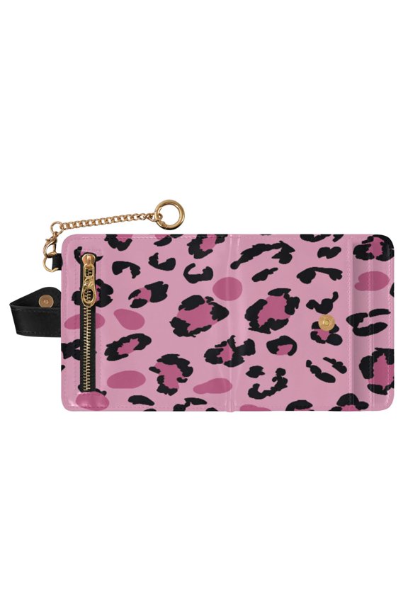 Leopard Print Pink Pattern Print RFID Blocking Womens PU Leather Wallet Small Foldable Card Holder Purse with Coin Zipper Pocket & Detachable Chain Wristlet