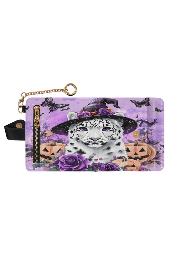 Leopard Print RFID Blocking Womens PU Leather Wallet Small Foldable Card Holder Purse with Coin Zipper Pocket & Detachable Chain Wristlet