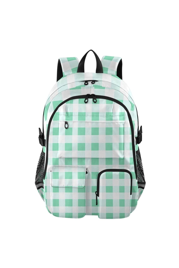 Light Green Gingham Pattern Backpack for School 14Laptop Compatible with Reflective Safety Strips