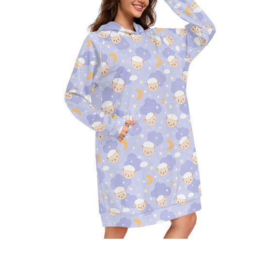 DIXRUYEE Little Sheep Cloud pattern Print Womens Long Oversized Hoodie Dress Casual Pullover Hooded Sweatshirt Dress with Kangaroo Pocket Loose Streetwear Loungewear