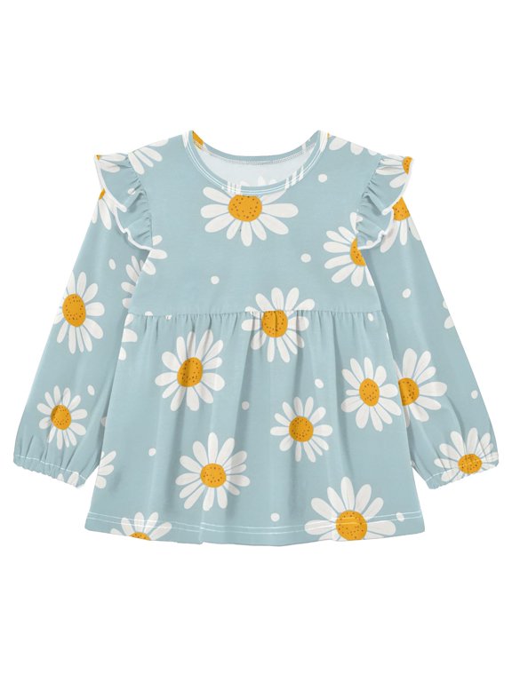 DIXRUYEE Long Sleeve Ruffle Tunic Dress 95% Cotton Soft A-Line Swing Outfit Daisy White Dots Pattern Pattern Print Sizes 18M-5T