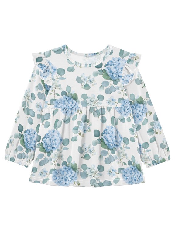 DIXRUYEE Long Sleeve Ruffle Tunic Dress 95% Cotton Soft A-Line Swing Outfit Hydrangea Eucalyptus Leaves Pattern Print Sizes 18M-5T