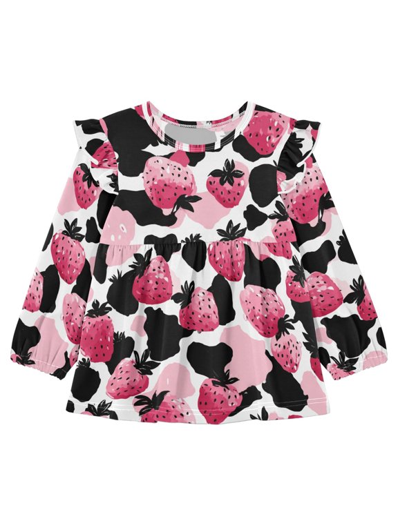 DIXRUYEE Long Sleeve Ruffle Tunic Dress 95% Cotton Soft A-Line Swing Outfit Strawberry Leopard Print Pattern Pattern Print Sizes 18M-5T