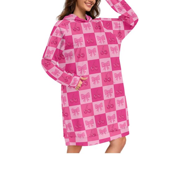 DIXRUYEE Love Cherry Grid Print Womens Long Oversized Hoodie Dress Casual Pullover Hooded Sweatshirt Dress with Kangaroo Pocket Loose Streetwear Loungewear