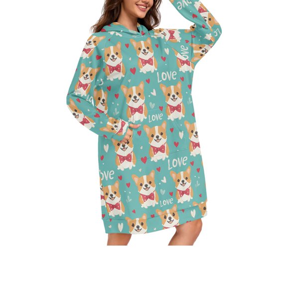 DIXRUYEE Love Corgi Pattern Print Womens Long Oversized Hoodie Dress Casual Pullover Hooded Sweatshirt Dress with Kangaroo Pocket Loose Streetwear Loungewear
