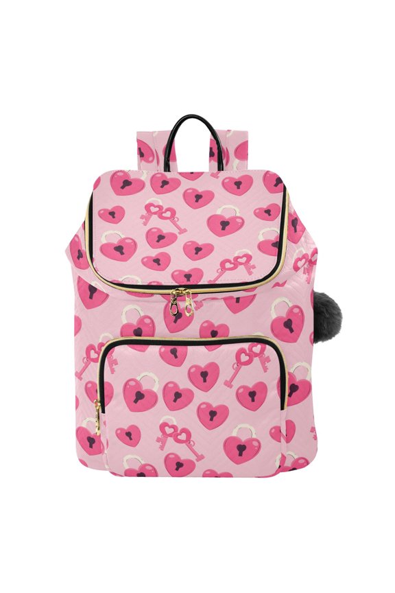 Love Key Lock Printed Quilted 14 Inch Laptop Backpack Multi-Pocket Lightweight Daypack with Pom Pom Charm