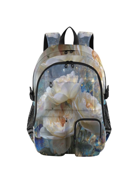 Luminous Cream Petals Backpack for School 14Laptop Compatible with Reflective Safety Strips