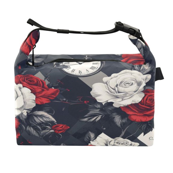 DIXRUYEE Lunch Bag Double Deck Lunch Cooler Box Fashion Classic Rose & Time Pattern