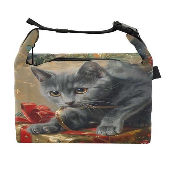 DIXRUYEE Lunch Bag Double Deck Lunch Cooler Box Fashion Playful Gray Kitty Among Presents Pattern